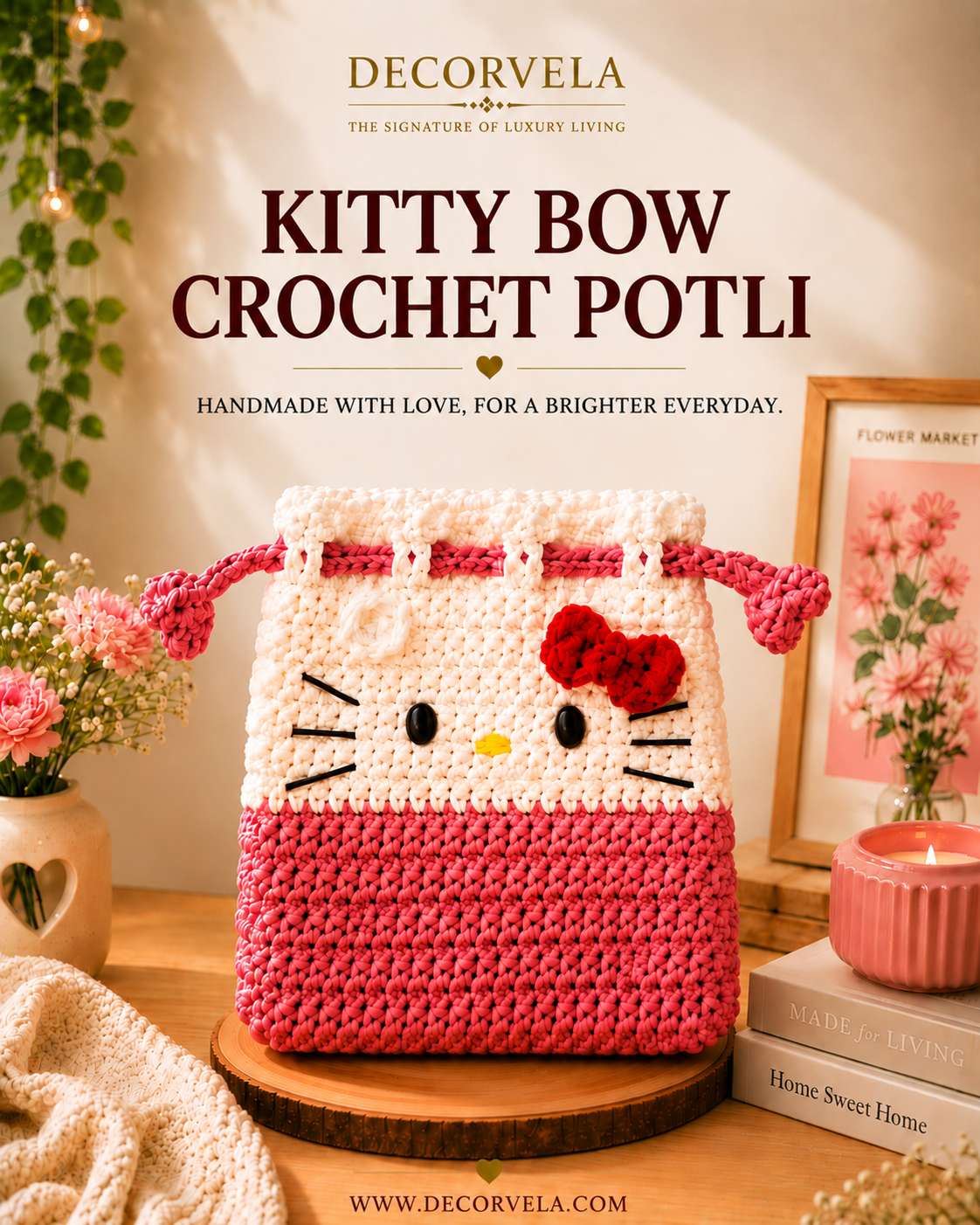 A crocheted potli bag styled like Hello Kitty, featuring a white top half with black facial details, a red bow, and a pink bottom half, displayed on a wooden surface in a warm, decorated room setting. Decorvela branding is prominently displayed at the top.
