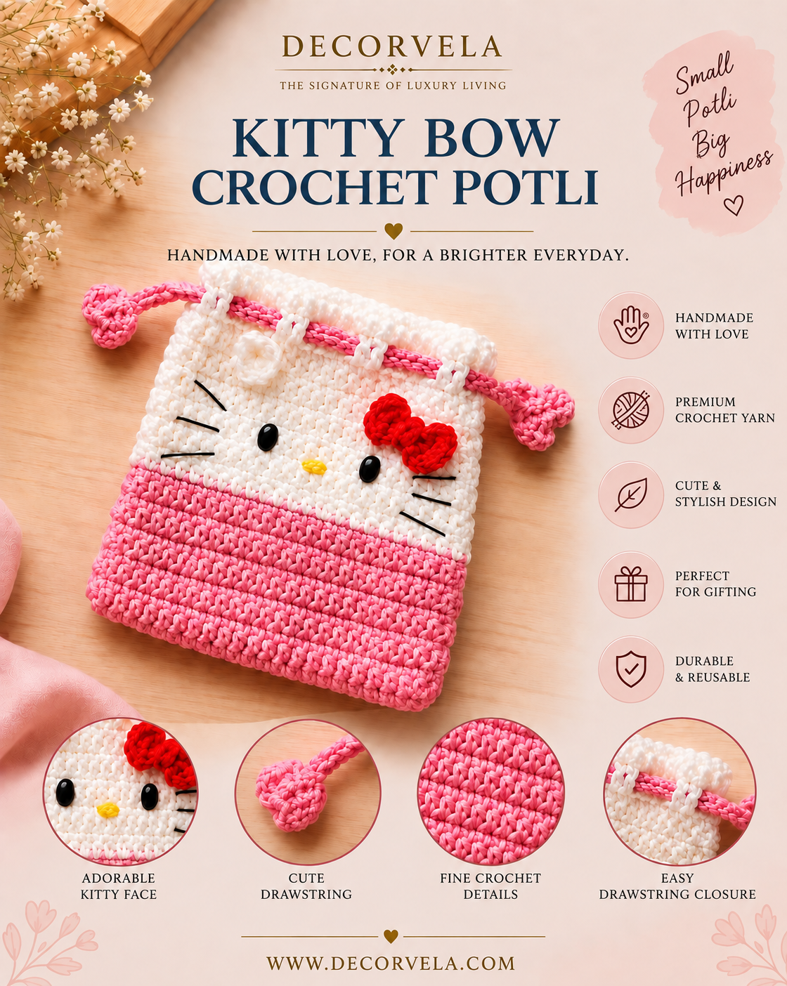 A handmade pink and white crocheted pouch styled as Hello Kitty, featuring a red bow, black whiskers, and a yellow nose, displayed on a wooden surface with promotional text and feature callouts from DecorVela.