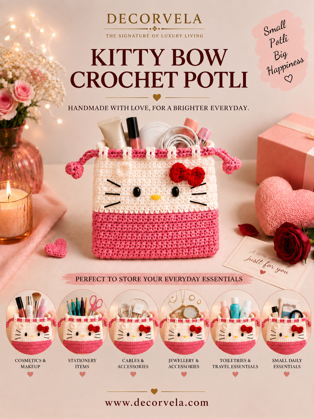 DecorVela Kitty Bow Crochet Potli, a handmade pink and white crochet cosmetic bag with a red bow, styled on a pink background with beauty props and six smaller product thumbnails at the bottom.