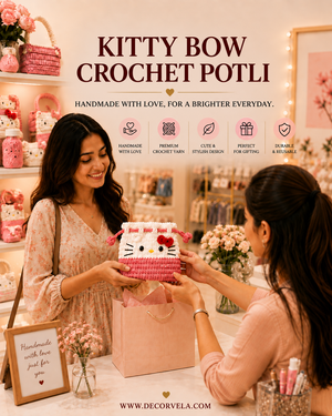 A woman presents a handmade pink and white crocheted potli bag featuring a Hello Kitty design to another woman in a cozy, decorated boutique setting. The image includes promotional text overlays and product feature icons.