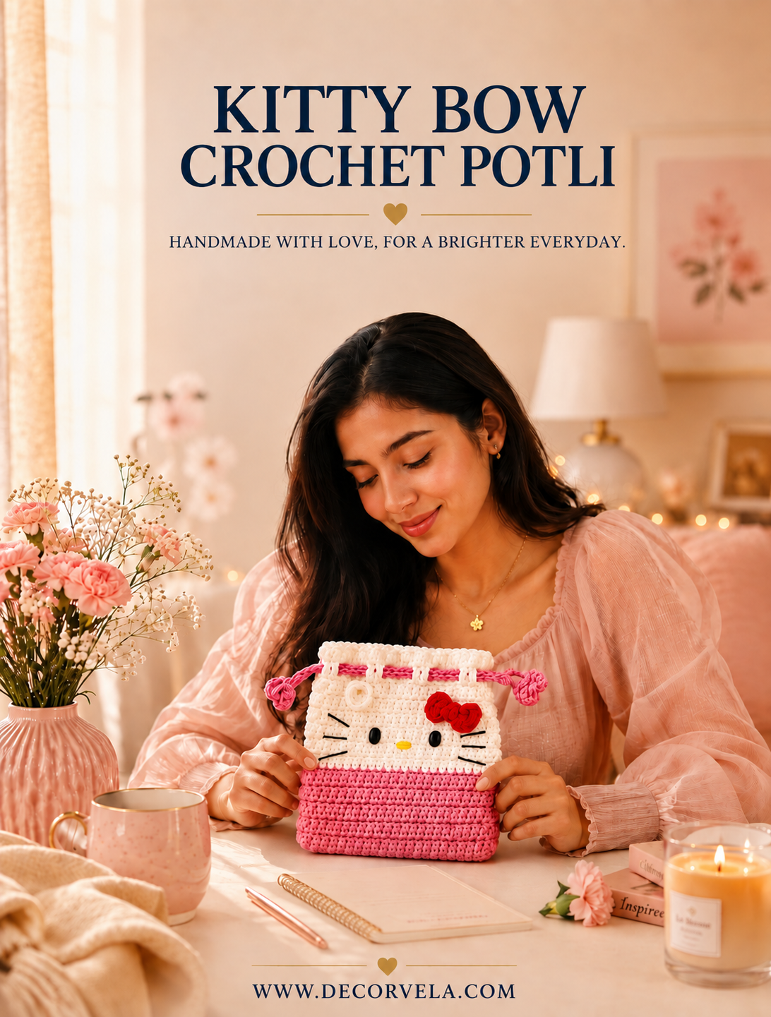 A woman in a pink blouse sits at a table holding a crocheted Hello Kitty-style potli bag. The scene is warmly lit with flowers, candles, and home decor in the background.