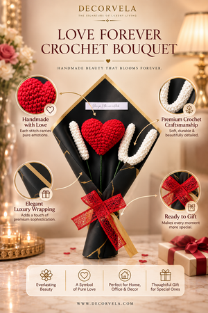 Decorvela Love Forever Crochet Bouquet gift set featuring a black and gold wrapped bouquet with a red and white crocheted heart, surrounded by circular callouts highlighting its handmade quality, premium crochet craftsmanship, elegant wrapping, and gift-ready appeal.
