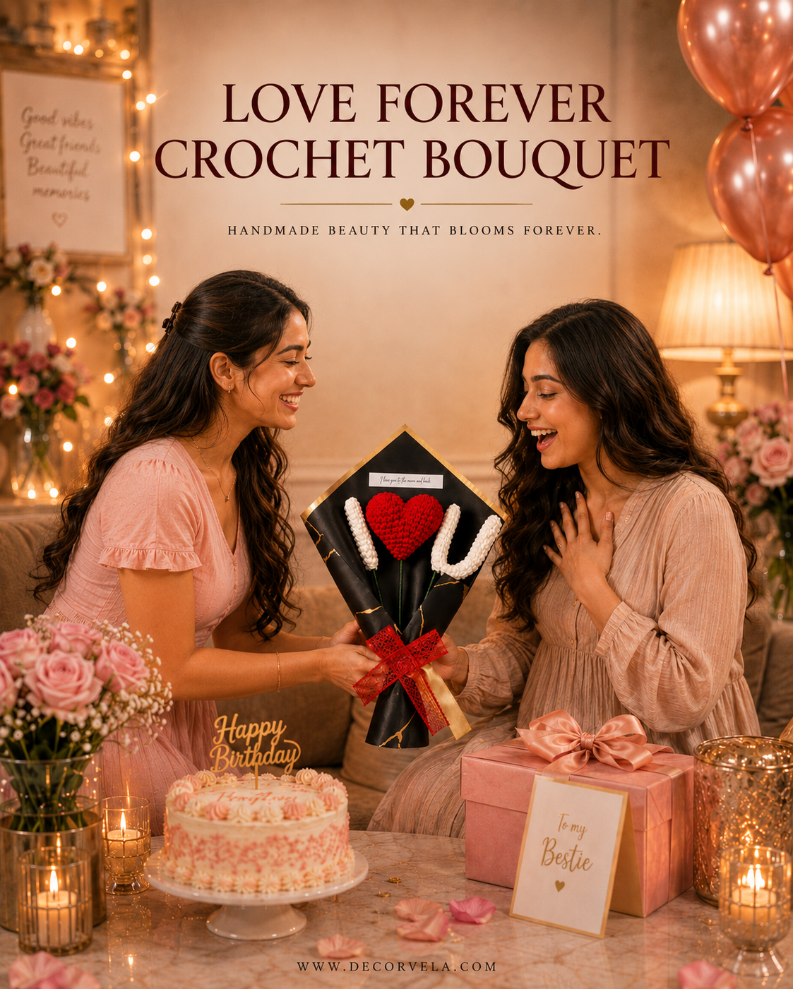 A woman presents a black crochet bouquet with white and red flowers to another woman in a warmly lit birthday setting. A pink cake, gift box, balloons, and string lights decorate the scene, with the text 'LOVE FOREVER CROCHET BOUQUET' at the top.