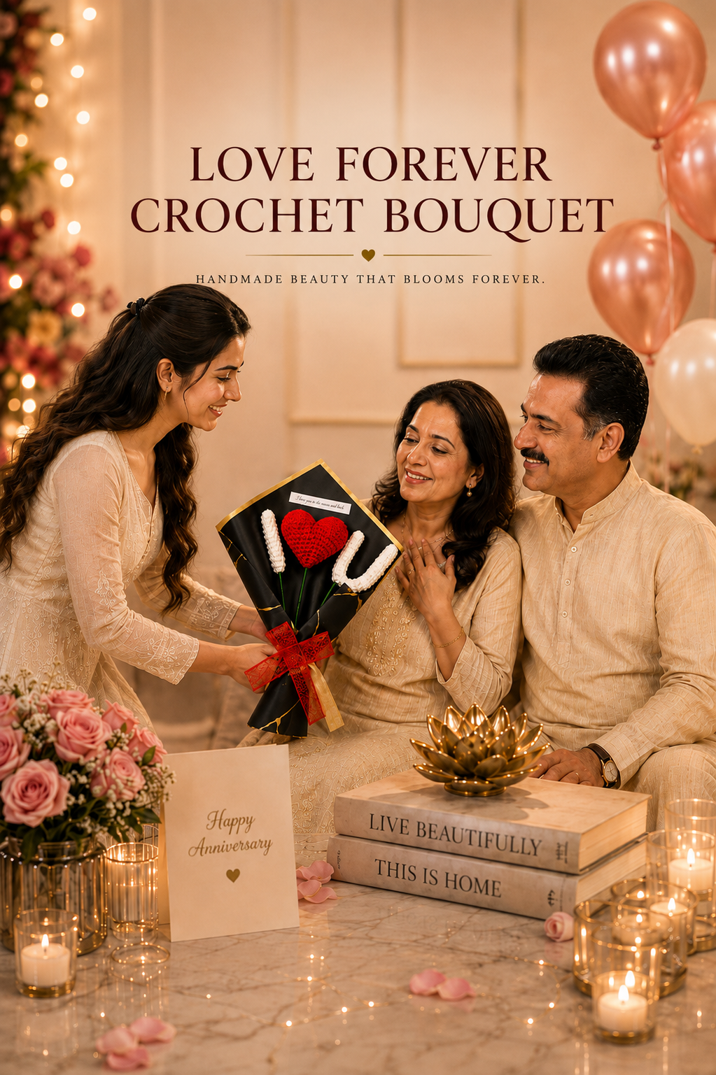 A man presents a handmade black crochet bouquet with a red heart and 'I <3 U' design to a woman, with a smiling man beside them. The scene is decorated with pink roses, candles, balloons, and a 'Happy Anniversary' card, with the text 'LOVE FOREVER CROCHET BOUQUET' at the top.