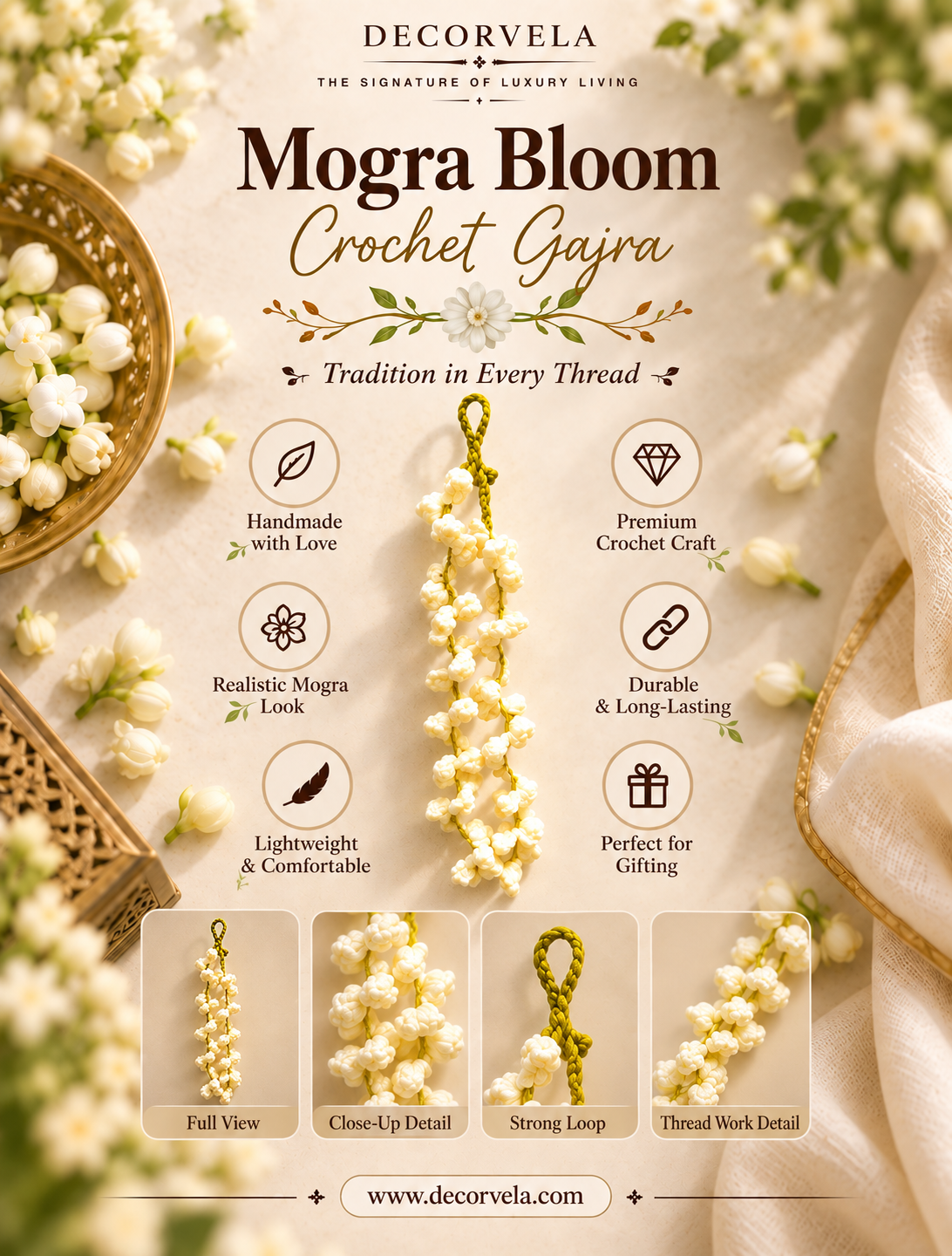 Decorvela Mogra Bloom Crochet Gajra, a handmade golden-yellow crochet garland designed to look like a cluster of white mogra flowers. The image is a styled product presentation on a beige background decorated with dried flowers, a gold bowl, and a cream-colored fabric, featuring product specifications and detail zoom-in frames at the bottom.