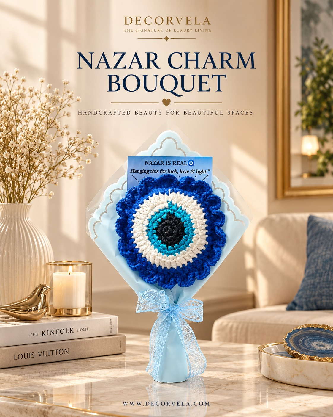 A decorative crocheted bouquet centerpiece featuring an eye-of-providence design in shades of blue, white, and black, mounted on a light blue diamond-shaped stand with a ribbon bow. The product is displayed in a styled living room setting on a marble table, with books, a candle, dried flowers, and a sofa in the background.