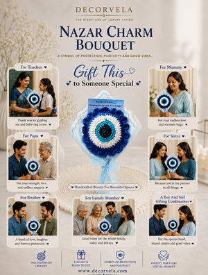 A promotional graphic for the Decorvela 'Nazur Charm Bouquet' featuring a central blue and white circular charm surrounded by multiple gift message cards with photos of couples and text for different recipients like teachers, mummies, partners, and family.