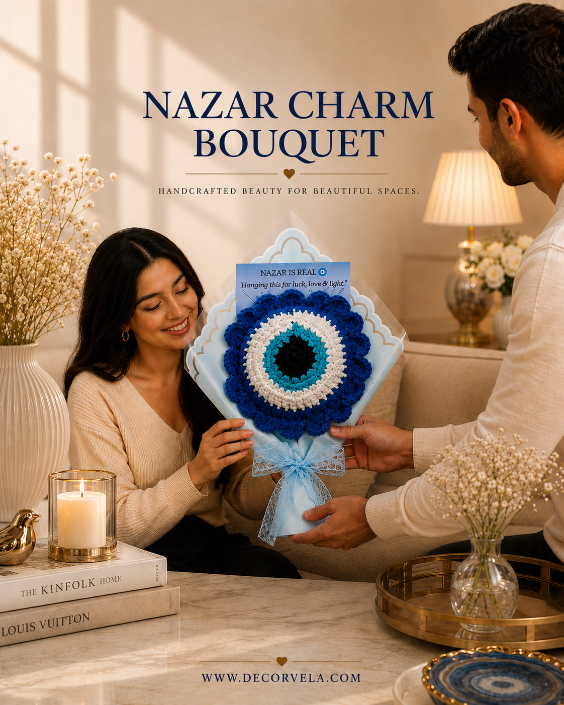 A man and a woman in a warmly lit living room setting, with the woman holding a crocheted bouquet. The bouquet features a blue and white eye motif with a light blue ribbon.