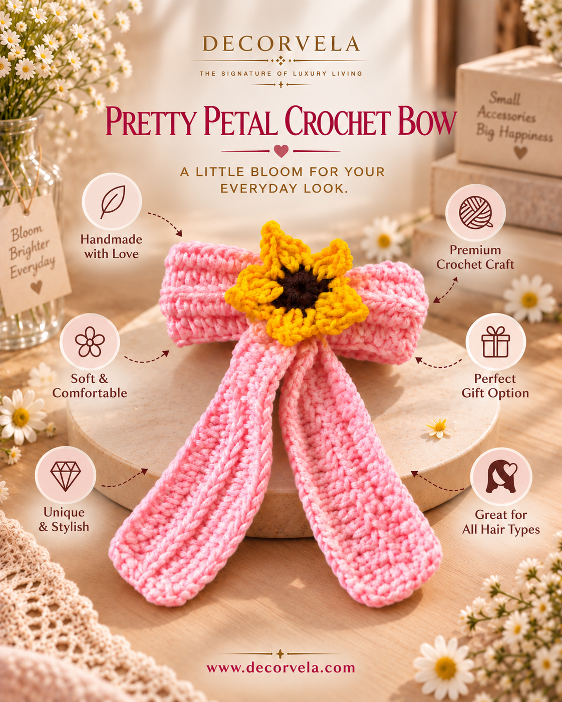 A pink crocheted petal bow with a yellow flower center, displayed on a wooden box with decorative flowers and gift-themed props. The image includes marketing text and icons for features like handmade quality, soft comfort, and suitability for all hair types.