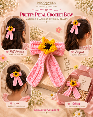 A promotional collage for the DecorVela Pretty Petal Knot handmade charm, showing a pink crocheted bow with a yellow flower center, worn in three hairstyles on a model and displayed in a gift box. The image includes text labels for Half Ponytail, Ponytail, and Bun, along with the brand name DecorVela.