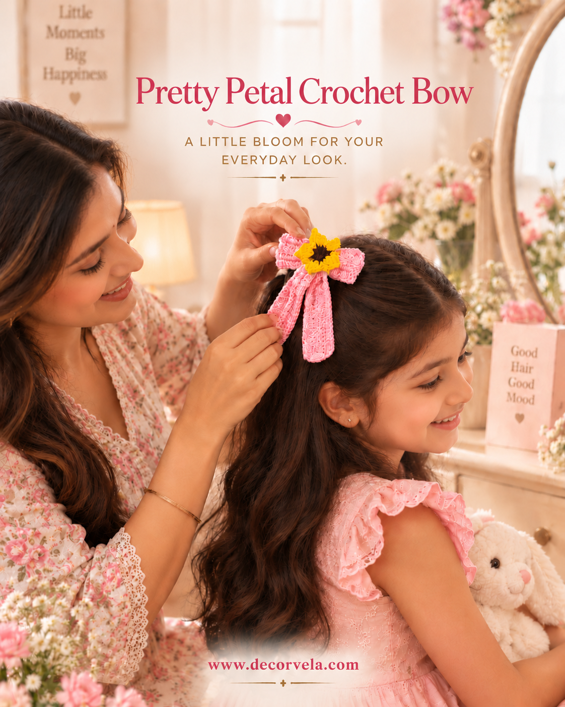 A woman adjusting a pink crochet bow with a yellow flower center on a young girl wearing a pink dress in a softly decorated room. Text at the top reads 'Pretty Petal Crochet Bow' and the website 'www.