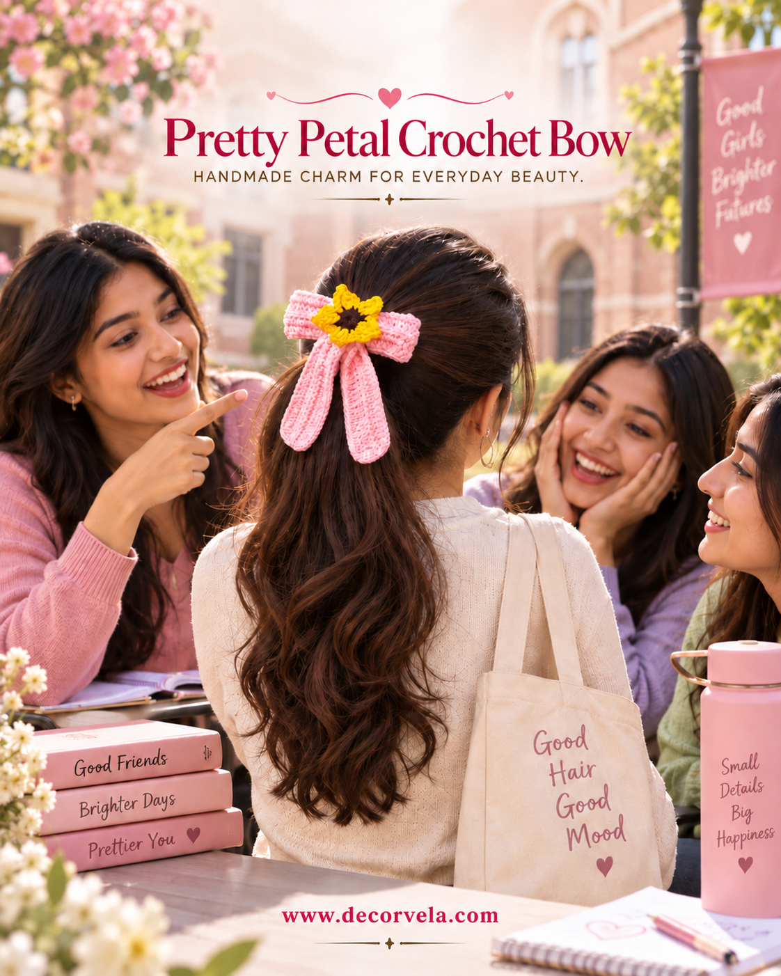 A promotional lifestyle image for Pretty Petal Knot, featuring three young women smiling and laughing outdoors. The central focus is on a pink crocheted half-up hair bow with a yellow flower center, worn by the woman in the middle.