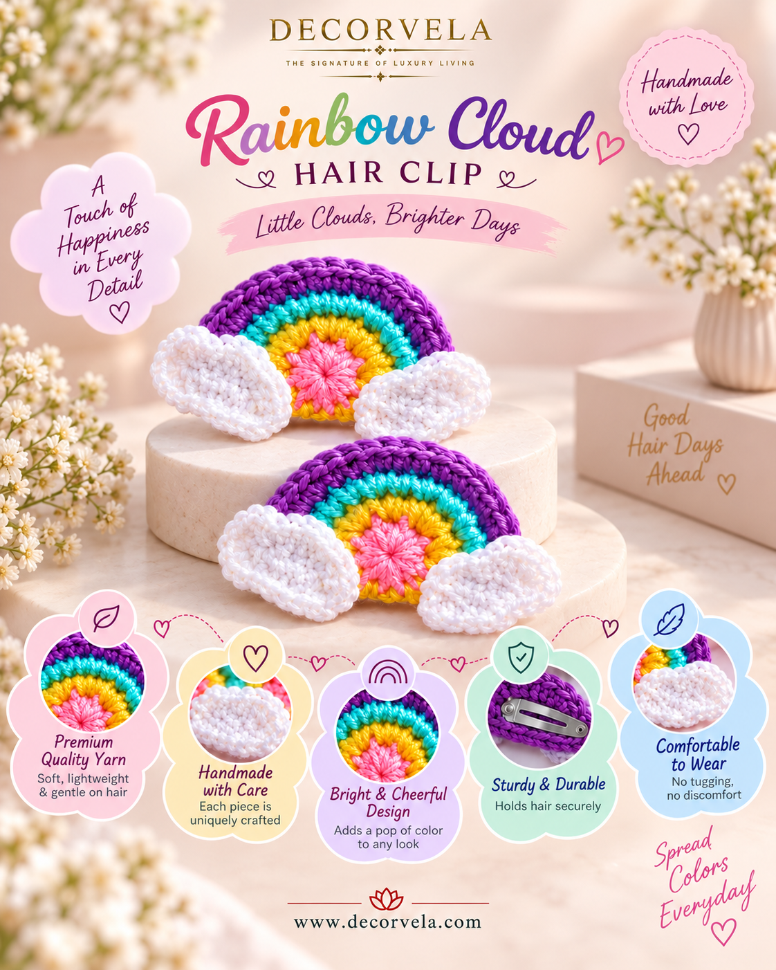 A handmade crochet hair clip shaped like a rainbow cloud, displayed on a wooden pedestal with decorative flowers and gift boxes in the background. The clip features purple, pink, yellow, orange, and white crochet details.
