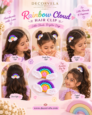 DecorVela Rainbow Cloud Hair Clip set shown on a young girl in multiple hairstyles, alongside a central display of the crocheted rainbow hair clips. The image features a soft pink background with decorative text and branding.
