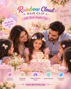A family birthday celebration scene with children and adults gathered around a cake, wearing pastel party decorations and hair clips. The product being highlighted is the rainbow cloud hair clip worn by the young girl in the center.