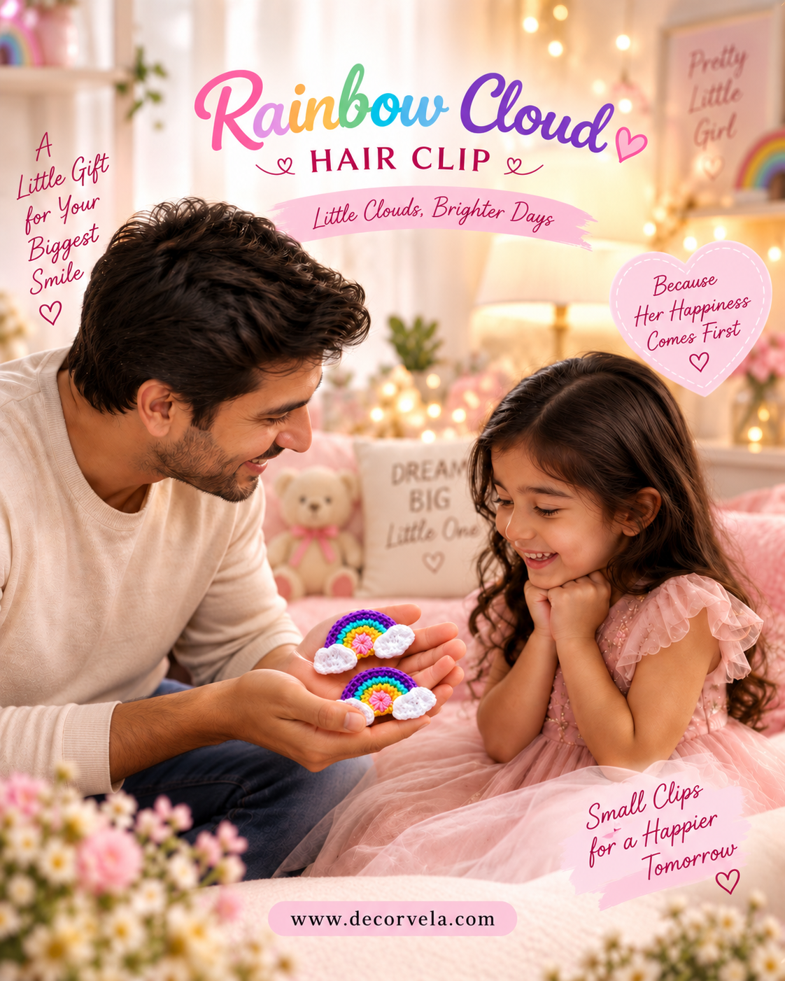 A man and a young girl in a pink dress are sitting together in a cozy, warmly lit room. The man is holding a small rainbow hair clip and showing it to the girl.