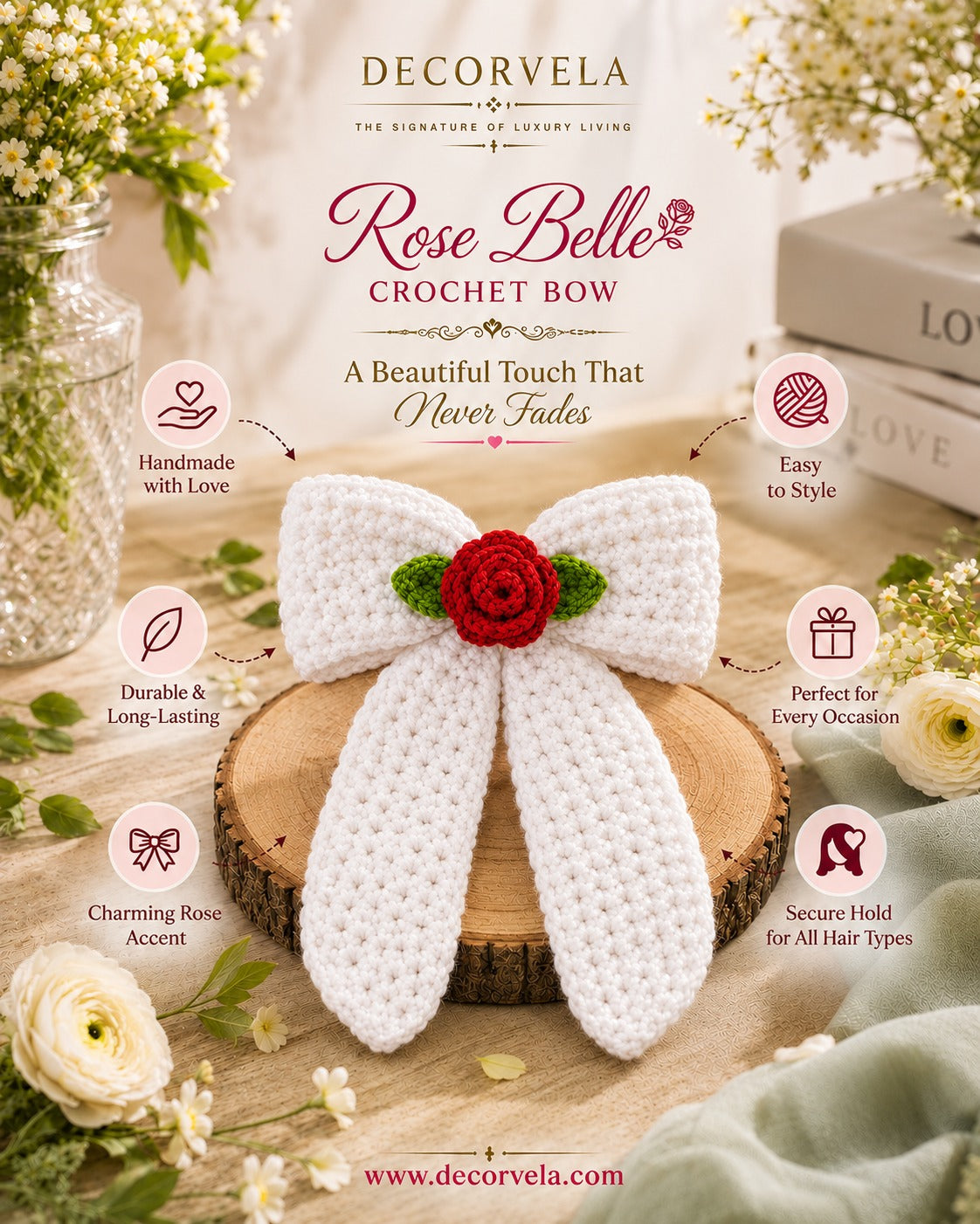 A white crocheted bow with a red rose and green leaves at the center, displayed on a wooden slice with decorative flowers and text overlays. The brand name Decorvela is prominently shown at the top.