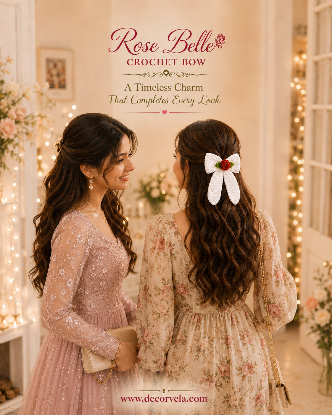 Two women standing indoors wearing long wavy hair and floral dresses, with one woman shown from the back wearing a large white crochet bow with a small red flower accent. The image includes the text 'Rose Belle Crochet Bow' and a website at the bottom.