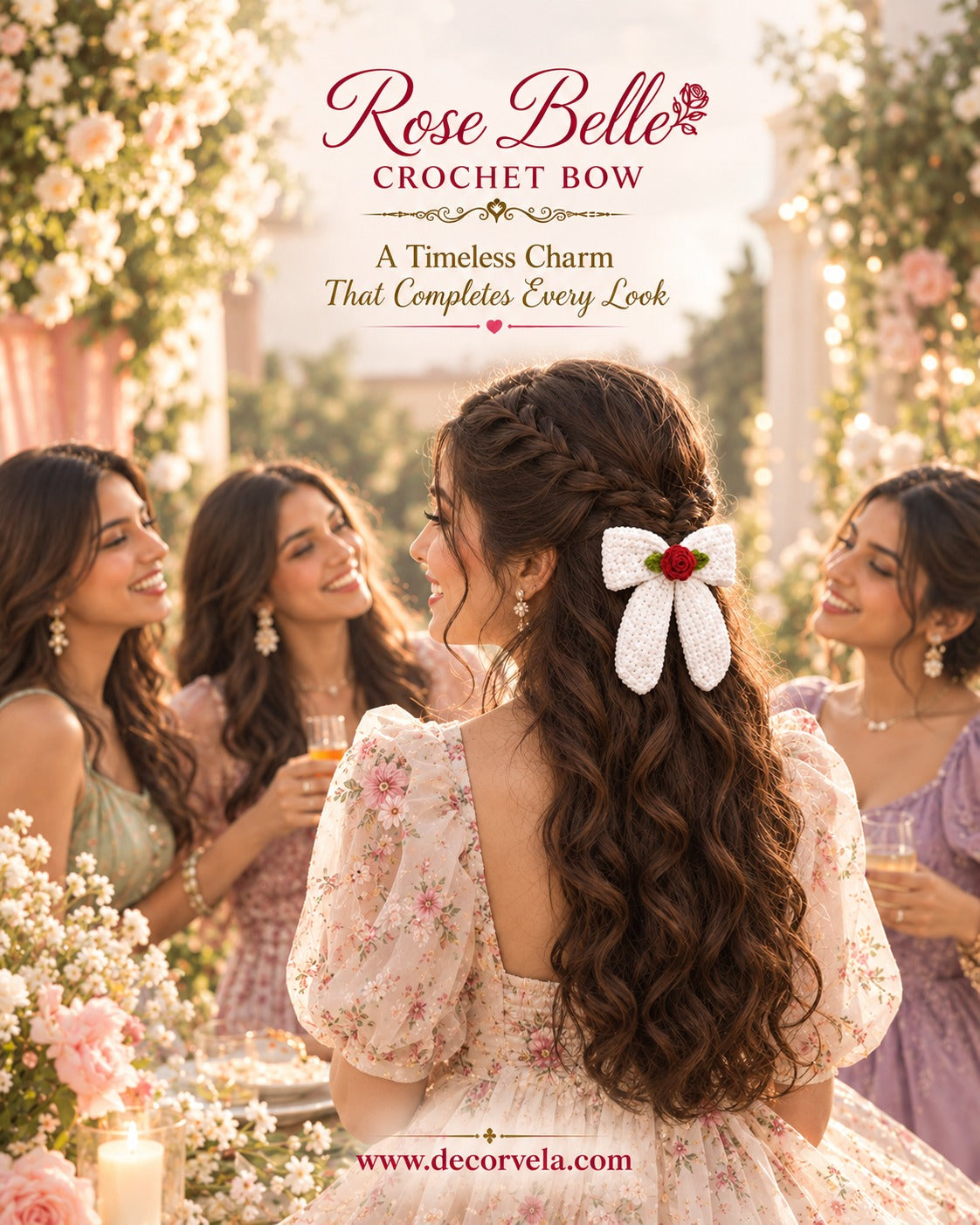 A woman in a floral dress shown from the back, wearing a large white crocheted bow with a small red rose accent in her hair. Other women and floral decorations are blurred in the background, with the text 'Rose Belle CROCHET BOW' and 'A Timeless Charm That Completes Every Look' at the top.