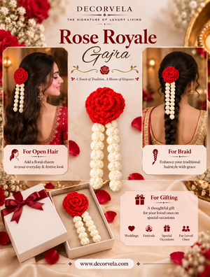 Decorvela Rose Royale Gajra hair ornaments shown in a promotional collage with model photos, open gift boxes, and text explaining use for open hair and braided hair. The product includes a red flower and white pearl strands.