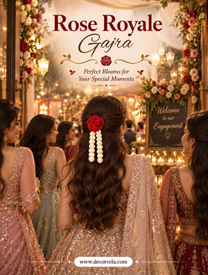 A woman viewed from behind wearing a rose-themed bridal hair accessory with a red rose and white pearl strands, standing in a decorated event hall with brides in pink and maroon traditional attire. Text at the top reads 'Rose Royale Gajra' and 'Perfect Blooms for Your Special Moments.