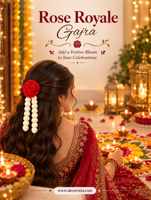 A woman with long dark hair is shown from behind, wearing a red floral hair accessory with three strands of white flowers, seated in a warmly lit festive indoor setting with candles, lanterns, and flower decorations. Text at the top reads 'Rose Royale Gajra' and 'Add a Festive Bloom to Your Celebrations,' with 'www.