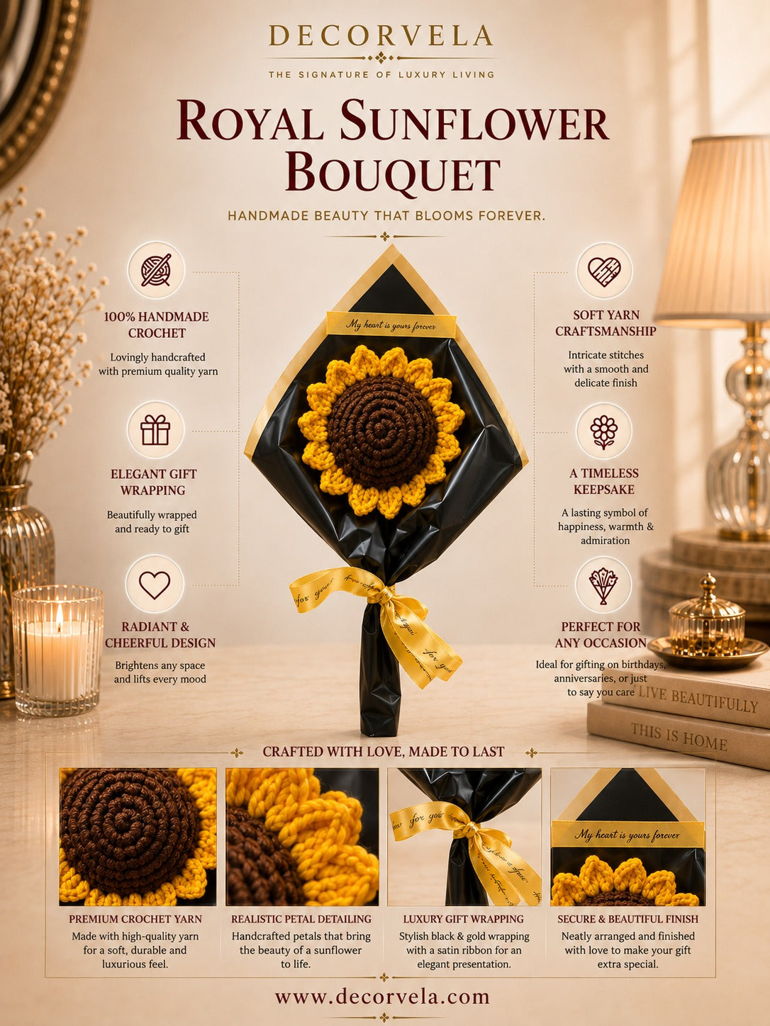 A promotional infographic for the Decorvela Royal Sunflower Bouquet handmade crochet gift set. The design features a central crochet sunflower in a black diamond-shaped pouch with a yellow ribbon, surrounded by text callouts, product details, and three smaller photos showing the crochet work in progress and the final wrapped gift.