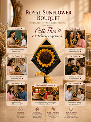 A promotional graphic for the Royal Sunflower Bouquet gift set. The center features a black gift box wrapped with a yellow sunflower and tied with a gold ribbon.