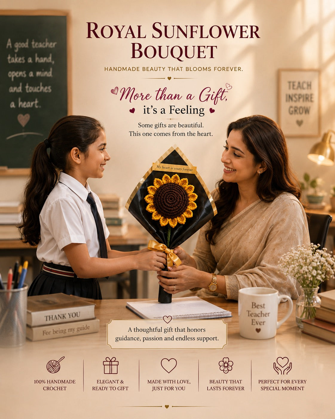 A woman and a young girl in a classroom setting exchange a handmade crocheted bouquet. The bouquet features a large yellow sunflower with black and orange details, wrapped in a black ribbon.