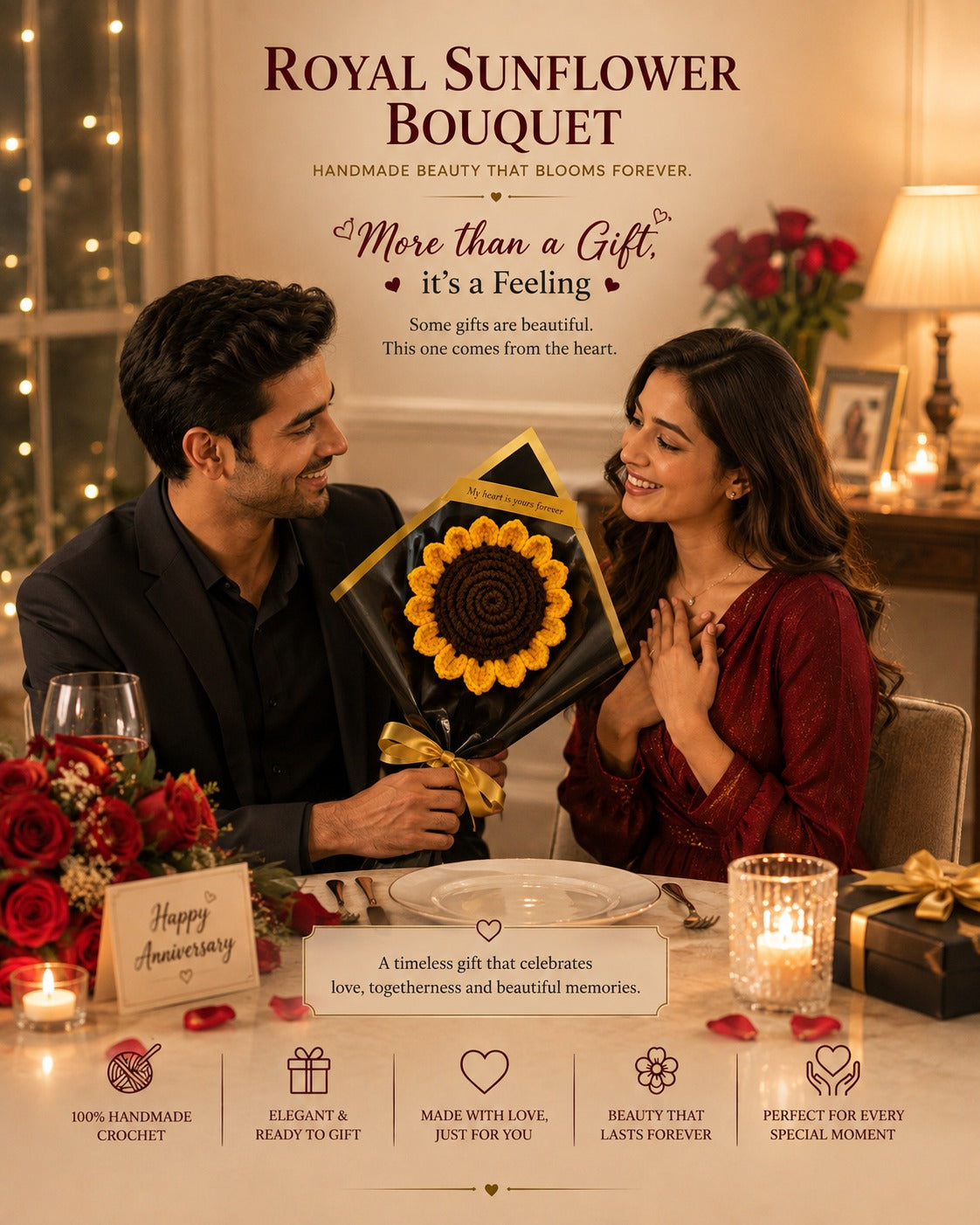 A romantic gift scene showing a man and woman seated at a candlelit table, with the man presenting a large Royal Sunflower Bouquet box to the woman. The bouquet box features a large yellow sunflower with a dark brown center and gold ribbon accents.