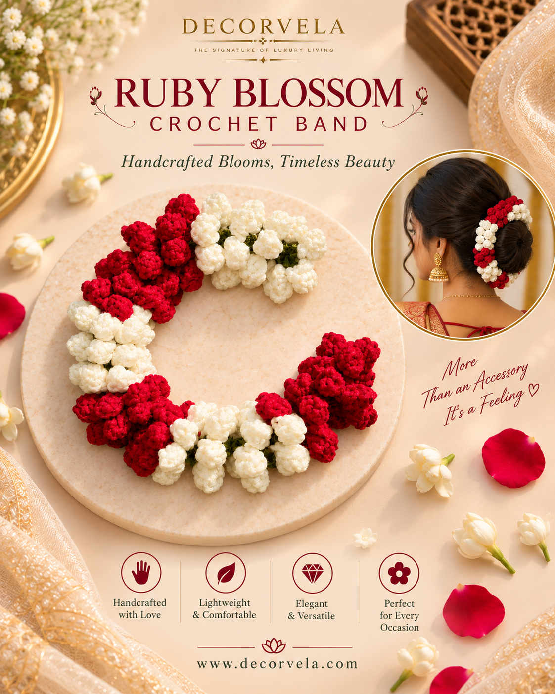 DecorVela Ruby Blossom Crochet Band hair accessory displayed on a beige tray, featuring handcrafted red and white floral crochet loops. The image includes a circular inset showing the hair accessory worn in a bun, decorative rose petals, and text highlighting its handcrafted quality and suitability for festive occasions.