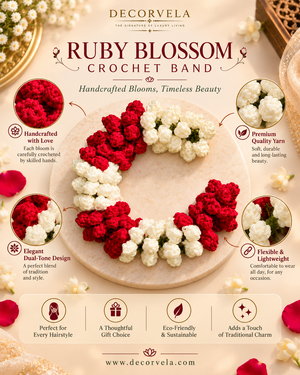 A decorative product listing graphic for a Ruby Blossom crochet band by Decorvela. The central subject is a crocheted band made of alternating red and white flower-like loops, arranged in a heart shape on a beige plate.