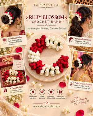 A promotional collage for the Decorvela Ruby Blossom Crochet Band, showing the crocheted flower band in red and white, worn in styled updos on three women, along with a gift box, petals, and decorative text on a warm beige background.