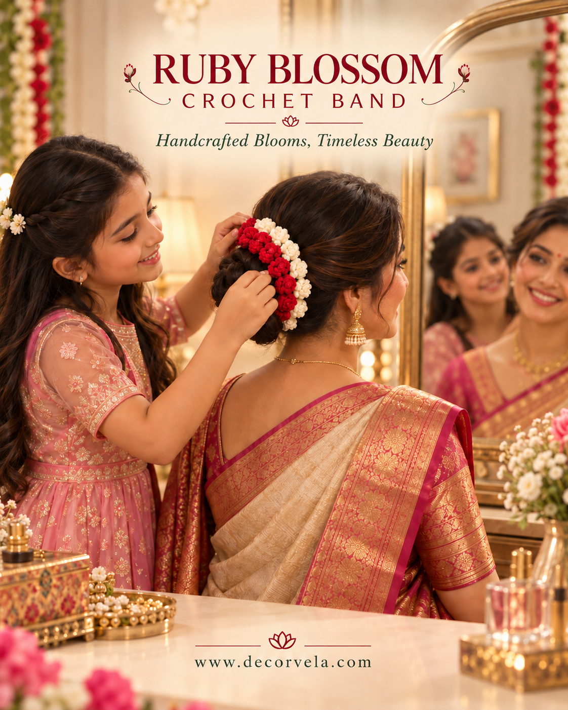 A young girl in a pink embroidered dress adjusts a red and white crochet hair flower crown worn by a woman in a traditional sari, set in a beautifully decorated indoor setting with mirrors and floral garlands. Text overlays read 'RUBY BLOSSOM CROCHET BAND' and 'Handcrafted Blooms, Timeless Beauty'.