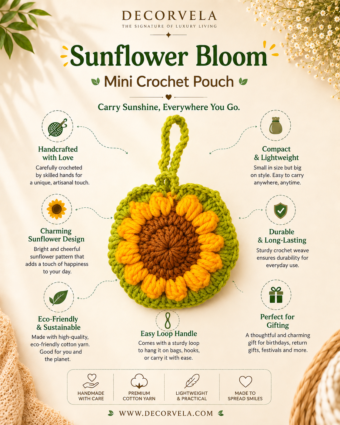 A promotional graphic for a Decorvela 'Sunflower Bloom' mini crochet pouch. The central subject is a small, handmade yellow and green crochet pouch with a flower-like sunflower pattern.