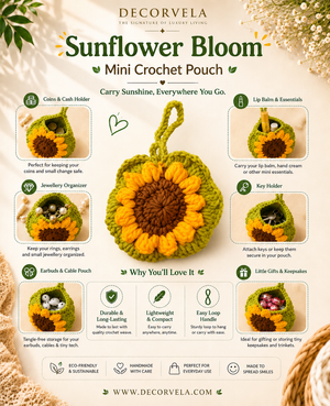 A decorative product infographic for a Decorvela 'Sunflower Bloom' mini crochet pouch. The central subject is a crocheted pouch styled like a sunflower, with surrounding text callouts detailing its uses (coins, jewelry, earbuds, lip balm, key holder, etc.