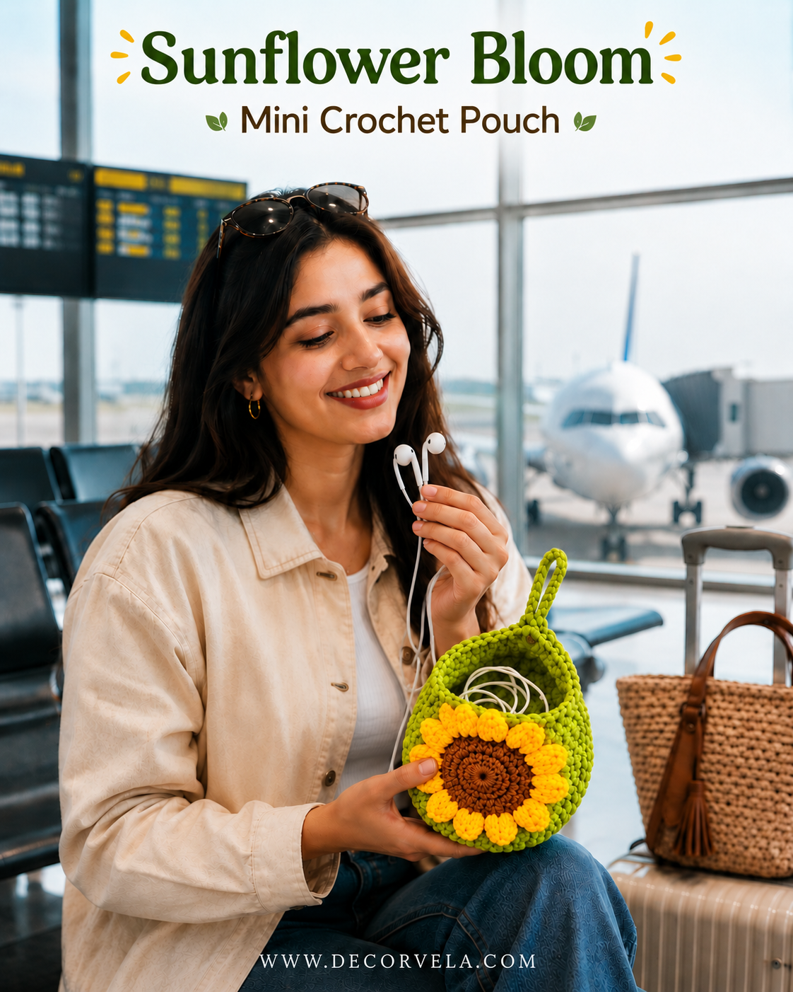 A woman in a beige shirt sits in an airport holding a crocheted mini pouch shaped like a sunflower. The pouch is green with a yellow and brown sunflower design.